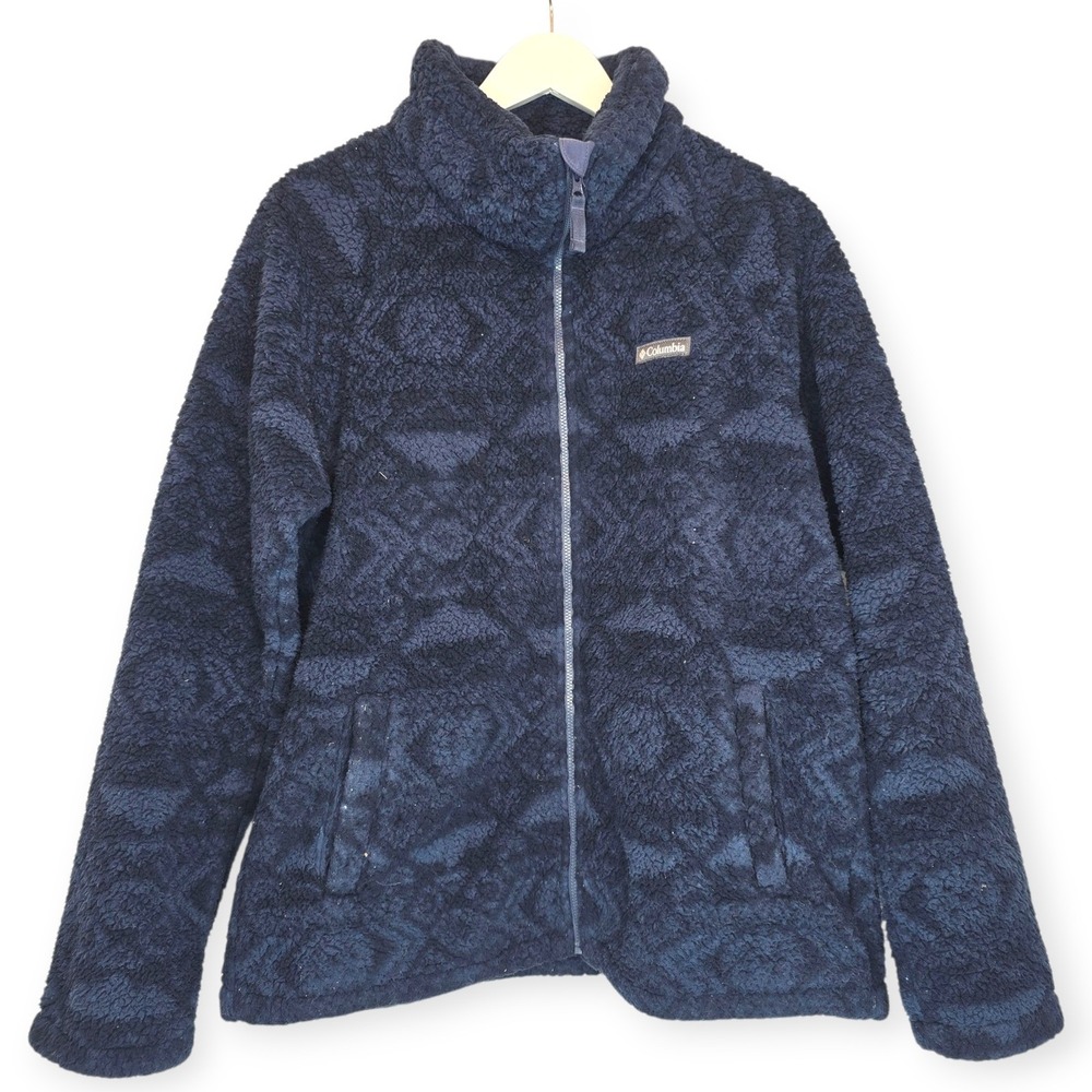 COLUMBIA Women's Big Timber Peak Sherpa Jacket Sz Large Navy Geo Fleece Outdoors - Picture 2 of 10